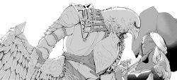 Rule 34 | 1boy, 1girl, absurdres, animal head, armor, bare shoulders, beak, bird boy, bird wings, black dress, breasts, cleavage, colored eyelashes, commentary, dress, elden ring, elden ring nightreign, fellgorr, greyscale, guardian (elden ring), hand on another&#039;s cheek, hand on another&#039;s face, hat, highres, holding another&#039;s arm, long hair, monochrome, parted bangs, recluse (elden ring), sidelocks tied back, strap, talons, upper body, white background, white eyelashes, white hair, wings, witch, witch hat