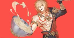 1boy abs arm_tattoo armlet armor black_coat black_pants blonde_hair bowl braid chest_tattoo clawed_gauntlets coat commentary earrings english_commentary facial_tattoo gold_earrings gold_necklace gradient_hair hair_between_eyes highres holding holding_bowl holding_whisk honkai:_star_rail honkai_(series) jewelry male_focus medium_hair multicolored_hair muscular muscular_male mydei_(honkai:_star_rail) necklace open_clothes open_coat open_mouth pants pauldrons red_background red_hair red_tattoo shoulder_armor side_braid simple_background single_pauldron solo tattoo whisk yellow_eyes yjh_ism