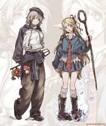 2girls baseball_cap blonde_hair braid dungeon_meshi falin_touden falin_touden_(tallman) full_body hamdungbbung hat highres hood hood_down hoodie marcille_donato multiple_girls necktie pointy_ears standing twin_braids
