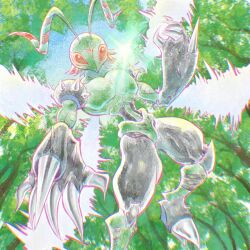 Rule 34 | 1boy, bug, digimon, digimon (creature), foot out of frame, forest, highres, hoisotsu01, insect wings, male focus, midair, nature, red eyes, red hair, short hair, solo, stingmon, wings