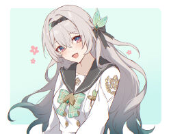 1girl black_hairband black_sailor_collar border bow bowtie buttons commentary double-breasted firefly_(honkai:_star_rail) firefly_(spring_missive)_(honkai:_star_rail) flower green_background green_bow green_bowtie grey_hair hairband highres honkai:_star_rail honkai_(series) long_hair long_sleeves looking_at_viewer official_alternate_costume open_mouth plaid_bow plaid_bowtie plaid_clothes purple_eyes sailor_collar school_uniform shiosio shirt solo symbol-only_commentary white_border white_shirt