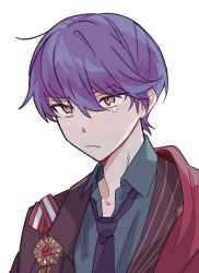 1boy aqua_shirt black_jacket blue_hair blue_necktie blush collared_shirt frown furrowed_brow hair_between_eyes highres jacket leviathan_(obey_me!) looking_ahead male_focus medallion necktie obey_me!:_one_master_to_rule_them_all! orange_eyes partially_unbuttoned portrait red_shawl sado_0x0 school_uniform shawl shirt short_hair simple_background solo sulking swept_bangs teardrop v-shaped_eyebrows white_background