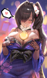 1girl absurdres bare_shoulders black_nails black_sash blurry blush bokeh breasts brown_hair cowboy_shot dark-skinned_female dark_skin depth_of_field dog ear_piercing floral_print floral_print_kimono fox_mask fur_collar furisode gloves goddess_of_victory:_nikke hair_over_one_eye hair_over_shoulder hair_tie_in_mouth hands_on_own_breasts heart highres huge_breasts japanese_clothes jindogod kimono lace lace_gloves lantern long_hair looking_at_viewer mask mask_on_head mole mole_under_mouth mouth_hold naga_(last_girlhood)_(nikke) naga_(nikke) night obi off_shoulder official_alternate_costume outdoors piercing print_kimono purple_kimono sash side_ponytail solo speech_bubble spoken_heart straight-on sweat sweatdrop yellow_eyes