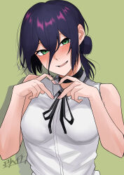 Rule 34 | 1girl, black choker, black hair, blush, chainsaw man, choker, commentary request, green background, green eyes, hair bun, heart, heart hands, highres, mori heichi, reze (chainsaw man), shirt, simple background, sleeveless, sleeveless shirt, solo, white shirt