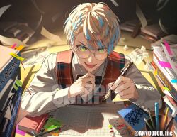 1boy black_bow black_bowtie blonde_hair blue_eyes blue_hair blurry blurry_background book book_stack bookmark bow bowtie braid brown_vest collared_shirt commentary_request company_name crumpled_paper cup falling_paper glasses hands_up hibachi_mana hibachi_mana_(2nd_costume) holding holding_pen indoors koujisako light_particles long_sleeves looking_at_viewer male_focus multicolored_eyes multicolored_hair nib_pen_(object) nijisanji official_alternate_costume official_art open_mouth paper paper_stack parted_bangs pen pencil plaid_clothes plaid_vest round_eyewear sample_watermark shadow shirt short_hair single_braid solo sticky_note streaked_hair sweat table tatami teeth upper_body upper_teeth_only v-shaped_eyebrows vest virtual_youtuber watermark white_shirt wing_collar yellow_eyes