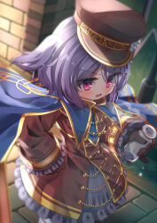 1girl blue_cloak bottle brown_coat cloak coat emil_chronicle_online frilled_skirt frills hat highres holding holding_bottle military_hat milk_bottle open_mouth purple_eyes purple_hair skeleton_shooter_alma skirt yupi828