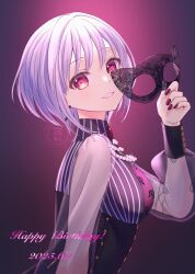1girl amoris_(bang_dream!) bang_dream! bang_dream!_it&#039;s_mygo!!!!! black_corset commentary corset earrings happy_birthday highres holding holding_mask jewelry long_sleeves looking_at_viewer mask masquerade_mask nail_polish open_mouth osumi_izumi pink_eyes purple_hair red_nails see-through_clothes see-through_sleeves solo upper_body yuutenji_nyamu