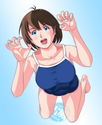 1girl absurdres artist_logo blue_background blue_one-piece_swimsuit brown_hair collarbone full_body gradient_hair highres logo looking_at_viewer multicolored_hair one-piece_swimsuit open_mouth original short_hair solo swimsuit teeth yukikaze_(isamiashi)