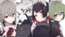 1boy 3girls absurdres aitekku alexandrina_sebastiane animal_ears black_hair collared_vest colored_inner_hair corin_wickes ellen_joe furry furry_male green_hair grey_hair hair_between_eyes highres maid maid_headdress multicolored_hair multiple_girls purple_eyes red_eyes spiked_headband upper_body vest von_lycaon white_fur wolf_boy wolf_ears zenless_zone_zero