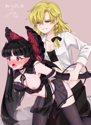2girls absurdres alternate_costume alternate_species black_bow black_bra black_gloves black_hair black_skirt black_thighhighs blonde_hair blush bow bra braid breast_slip breasts commentary_request cum cum_in_pussy cum_overflow demon_girl demon_horns demon_tail demon_wings ear_blush elbow_gloves frilled_bow frilled_hair_tubes frills futanari gloves grin hair_bow hair_tubes hakurei_reimu heart heart-shaped_pupils heart_pendant highres holding_another&#039;s_wrist horns kirisame_marisa long_hair midriff mito_(fate) multiple_girls navel nipples no_headwear open_clothes open_mouth open_shirt pointy_ears red_bow red_eyes sex sex_from_behind shirt side_braid signature single_braid skirt smile sweat symbol-shaped_pupils tail thighhighs tongue tongue_out touhou twitter_username underwear very_long_hair white_shirt wings