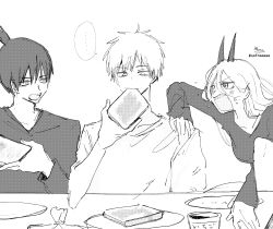 +_+ ... 1girl 2boys blush bread bread_slice chainsaw_man cross-shaped_pupils denji_(chainsaw_man) earrings food greyscale hair_between_eyes hand_on_another&#039;s_shoulder hayakawa_aki highres holding holding_food horns jam jewelry long_sleeves monochrome multiple_boys open_mouth parted_bangs plate power_(chainsaw_man) sharp_teeth shirt short_sleeves signature simple_background sketch sofra spoken_ellipsis symbol-shaped_pupils teeth toast topknot twitter_username v-shaped_eyebrows white_background