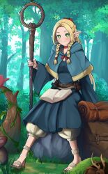 Rule 34 | 1girl, absurdres, ambrosia (dungeon meshi), backpack, bag, blonde hair, blue capelet, blue dress, bow, bowtie, braid, braided sidelock, capelet, choker, closed mouth, commentary, dress, dungeon meshi, elf, feet, forehead, forest, full body, green eyes, hair bow, highres, holding, holding staff, hood, hood down, light blush, long dress, long hair, long sleeves, mage staff, marcille donato, nature, on rock, pointy ears, red bow, red bowtie, red choker, rock, sandals, sitting, solo, staff, tsunkyunn, very long hair, wide sleeves