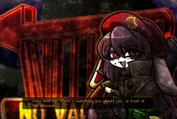 1girl animal_ears arrow_(symbol) beret blush commentary english_text fallout fallout:_new_vegas gun gun_on_back hat long_hair looking_to_the_side nervous_sweating open_mouth pip_boy purple_hair rabbit_ears rabbit_girl red_eyes red_hat reisen_udongein_inaba sign solo standing suenari_(peace) sweat symbol-only_commentary touhou weapon weapon_on_back