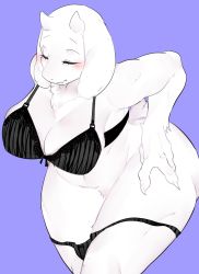 1girl animal_ears bad_id bad_twitter_id black_bra blue_background blush body_fur bra breasts closed_eyes commentary_request cowboy_shot female_focus furry furry_female goat goat_ears goat_girl goat_tail highres horns large_breasts leaning_forward mature_female panties panty_pull plump simple_background smile solo suima_(sleepiness18) toriel undertale underwear underwear_only white_fur