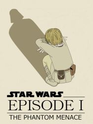 1boy anakin_skywalker brown_background brown_hair cat_shadow_puppet_(meme) copyright_name darth_vader different_shadow from_behind full_body male_focus meme redol short_hair simple_background star_wars star_wars:_the_phantom_menace