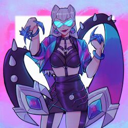 1girl black_garter_straps black_skirt breasts cropped_jacket demon_girl evelynn_(league_of_legends) garter_straps glasses highres jacket k/da_(league_of_legends) k/da_all_out_evelynn league_of_legends long_hair looking_at_viewer medium_breasts open_clothes open_jacket pointing skirt smile solo vanitasaquias white_hair