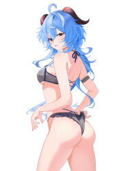 1girl absurdres adjusting_clothes adjusting_swimsuit ahoge ass back bare_shoulders bikini black_bikini blue_hair breasts covered_erect_nipples frills from_behind ganyu_(genshin_impact) genshin_impact halterneck highres horns hoshiku_satsuki long_hair looking_at_viewer low_ponytail medium_breasts ponytail purple_eyes sideboob sidelocks skindentation smile standing swimsuit thighs wedgie white_background