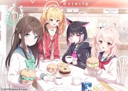 Rule 34 | 4girls, after-school sweets club (blue archive), airi (blue archive), animal ears, aqua halo, black choker, black hair, black jacket, black sailor collar, blonde hair, blue archive, bow, bowtie, brown eyes, brown hair, cat ears, cat girl, choker, closed mouth, commentary request, copyright notice, cup, cupcake, extra ears, food, green bow, green bowtie, green eyes, green sailor collar, hair intakes, halo, hand on own cheek, hand on own face, head rest, highres, holding, holding cup, hood, hood down, hooded jacket, jacket, kazusa (blue archive), long hair, looking at viewer, misyune, multiple girls, natsu (blue archive), neckerchief, on chair, open mouth, pink eyes, pink hair, pink halo, pink neckerchief, red eyes, red jacket, red neckerchief, sailor collar, school uniform, serafuku, side ponytail, sitting, smile, twintails, yellow halo, yoshimi (blue archive)