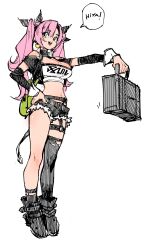 Rule 34 | 1girl, absurdres, black boots, boots, breasts, english text, green eyes, highres, letro, mole, mole on breast, navel, nicole demara, pink hair, short shorts, shorts, single thighhigh, speech bubble, suitcase, thigh strap, thighhighs, white background, zenless zone zero
