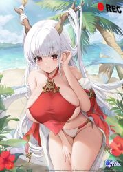 1girl absurdres artist_request azur_lane beach blue_sky breasts closed_mouth cloud collarbone commentary copyright_name day english_commentary flower fundoshi groin hair_on_horn hand_on_own_thigh hand_up hibiscus highres horns japanese_clothes large_breasts light_smile long_hair looking_at_viewer mountainous_horizon navel official_alternate_costume official_art outdoors palm_tree recording red_eyes red_flower second-party_source shimanto_(azur_lane) shimanto_(the_relaxing_dragon_god)_(azur_lane) skindentation sky solo surfboard tail tree underboob very_long_hair water