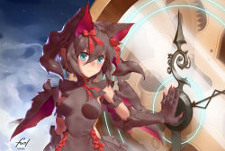 Rule 34 | 1girl, absurdres, blue eyes, claws, dragon girl, dragon horns, dragon wings, female focus, hair ribbon, highres, horns, myr (p&amp;d), orokanahime, puzzle &amp; dragons, ribbon, scales, short hair, solo, wings