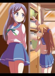 2girls absurdres arms_up blue_sailor_collar blush bookshelf closed_mouth curtains dot_nose evening hair_ornament hairclip highres holding indoors koisuru_asteroid konohata_misa legs long_hair long_sleeves multiple_girls nanog_eb1994 orange_hair purple_eyes purple_hair sailor_collar school_uniform serafuku shirt skirt star_(symbol) suzuya_moe white_shirt window