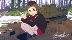 Rule 34 | 1girl, ankle boots, black boots, black hat, black jacket, black socks, boots, brown eyes, brown hair, commentary, dated, day, dress shirt, female focus, garrison cap, girls und panzer, hat, headphones, highres, insignia, jacket, jagdpanther, kojima emi, kuromorimine military uniform, long sleeves, looking at viewer, military, military hat, military uniform, military vehicle, miniskirt, motor vehicle, one-hour drawing challenge, open mouth, outdoors, panther (tank), pleated skirt, red shirt, red skirt, shinmai (kyata), shirt, short hair, sitting, skirt, smile, socks, solo, tank, tree, twitter username, very short hair, waving, wing collar