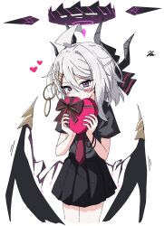 1girl ahoge alternate_costume alternate_hair_length alternate_hairstyle black_shirt black_skirt blue_archive blush box demon_horns grey_hair hair_between_eyes hair_ornament hairclip heart heart-shaped_box highres hina_(blue_archive) holding holding_box horns kiroshi looking_at_viewer low_wings miniskirt multiple_horns pleated_skirt purple_eyes shirt short_sleeves simple_background single_hair_intake skirt solo white_background wings