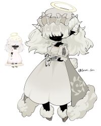Rule 34 | 1girl, animal feet, black skin, blunt bangs, bonnet, colored skin, copyright request, dress, frilled bonnet, frills, full body, hair over eyes, halo, highres, hooves, horns, long hair, monster girl, original, own hands together, pointy ears, puffy short sleeves, puffy sleeves, reference inset, sheep girl, sheep horns, sheep tail, short sleeves, simple background, standing, tail, torori toro (oimo kenpi), white background, white dress, white hair