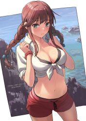 1girl absurdres bikini black_bikini blush braid breasts brown_hair cleavage collarbone commission green_eyes hair_between_eyes highres kantai_collection large_breasts long_hair looking_at_viewer midriff navel noshiro_(kancolle) noshiro_(swimsuit)_(kancolle) ocean open_mouth red_scrunchie red_shorts rock scrunchie shirt shorts skeb_commission solo swimsuit tantaka tied_shirt twin_braids white_shirt wrist_scrunchie