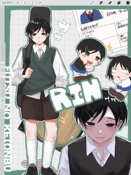 2girls :| art_program_in_frame bird black_eyes black_shoes black_sweater_vest blue_skirt brown_shorts cd_case character_name character_profile closed_mouth collared_shirt commentary_request copyright_name dress_shirt drooling futsuu_no_keion-bu green_eyes green_outline green_sweater_vest hatono_chihiro highres holding_strap instrument_case_on_back instrument_on_back kouyama_rin kusakabe_(kskb_e) long_sleeves mouth_drool multiple_girls multiple_views outline procreate_(software) school_uniform shirt shoes shorts skirt socks solo_focus sweater_vest translation_request white_shirt white_socks wing_collar