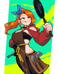 1girl 333_(dqqqdle) :q apron bare_shoulders black_gloves black_pants black_tube_top blue_hairband border borrowed_character breasts brown_apron chopsticks cleavage closed_mouth clothing_cutout commentary cowboy_shot fingerless_gloves frying_pan gloves green_background hairband hand_on_own_hip highres holding holding_chopsticks holding_frying_pan hood hood_down june_(hyyun_ho) ladle large_breasts long_hair long_sleeves looking_at_object looking_to_the_side orange_eyes orange_hair original outside_border pants pillarboxed ponytail red_shrug shoulder_cutout single_fingerless_glove smile solo sparkle spatula standing strapless tongue tongue_out tube_top white_border
