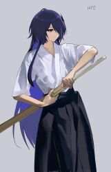 1girl acheron_(honkai:_star_rail) alternate_costume artist_name collarbone hair_over_one_eye hakama highres holding holding_sword holding_weapon honkai:_star_rail honkai_(series) hsk10107 japanese_clothes kendo long_hair multicolored_hair purple_eyes purple_hair shinai simple_background solo streaked_hair sword weapon white_hakama