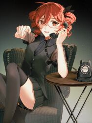1girl absurdres alternate_costume antique_phone black_skirt black_thighhighs black_vest buttons chair drill_hair glasses highres kasane_teto looking_at_viewer miniskirt on_chair phone pleated_skirt popomine_(popo3ne) red_eyes red_hair rotary_phone short_sleeves sitting skirt solo table talking_on_phone thighhighs twin_drills utau vest