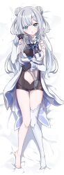 1girl absurdres aqua_eyes bare_shoulders black_gloves blush clothing_cutout commentary_request detached_sleeves double_bun full_body gloves grey_hair hair_bun highres kaga_sumire long_hair looking_at_viewer lying mole mole_under_eye navel navel_cutout on_back open_mouth single_thighhigh solo takeyabunora thighhighs virtual_youtuber vspo! white_thighhighs