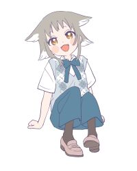 Rule 34 | 1girl, absurdres, animal ears, argyle clothes, argyle sweater vest, blue bow, blue bowtie, blue pants, blush stickers, bow, bowtie, brown shoes, brown socks, collared shirt, colored tips, fangs, grey hair, grey sweater vest, hands on ground, highres, looking at viewer, mary janes, multicolored hair, namori, on floor, open mouth, original, pants, shirt, shoes, short sleeves, simple background, sitting, smile, socks, solo, sweater vest, white background, white hair, white shirt, yellow eyes