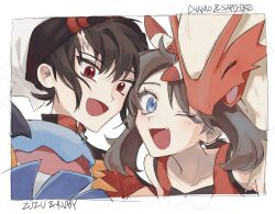 1boy 1girl black_hair blaziken blue_eyes brendan_(pokemon) brown_hair close-up commentary_request dda_sso english_text gen_3_pokemon hat korean_commentary may_(pokemon) medium_hair nintendo one_eye_closed pokemon pokemon_(creature) pokemon_adventures red_eyes scar short_hair smile swampert taking_picture