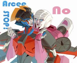 2girls airplane_wing arcee bewaremypower blue_eyes helmet highres humanoid_robot mechanical_wings metal_skin multiple_girls red_lips robot robot_girl the_transformers_(idw) transformers windblade wings