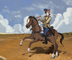 Rule 34 | 1girl, blue pants, bow, brown hair, brown jacket, cloud, cossack, day, grin, hair bow, hat, holding, holding sword, holding weapon, horse, imperial russian army, jacket, katyusha (98269886), load bearing equipment, looking to the side, military, original, outdoors, pants, peaked cap, red bow, riding, russia, russian empire, russian text, shashka, shoulder boards, sitting, sky, smile, steppe, sword, tail, teeth, weapon, world war i