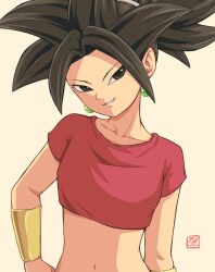 Rule 34 | 1girl, black eyes, black hair, bracer, breasts, collarbone, commentary request, crop top, dragon ball, dragon ball super, earrings, gem, gold bracer, green gemstone, grin, hand on own hip, head tilt, highres, jewelry, kefla (dragon ball), looking to the side, midriff, navel, ponytail, potara earrings, red shirt, shirt, small breasts, smile, solo, sonisonialoe, sphere earrings, spiked hair, upper body, white background