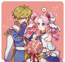 1boy 1girl armor averting_eyes belt blue_flower blue_rose blue_tunic border bouquet bridal_veil bride cape ced_(fire_emblem) closed_mouth couple covering_own_mouth cowboy_shot curtained_hair dress fire_emblem fire_emblem:_genealogy_of_the_holy_war flower gloves gold_belt green_eyes green_hair hair_flower hair_ornament hair_ribbon heart hetero high_collar holding holding_bouquet looking_at_another multi-tied_hair neeeeeeega_2025 nintendo off_shoulder official_alternate_costume outside_border parted_bangs pauldrons pink_background pink_flower purple_eyes purple_hair raised_eyebrows red_flower red_ribbon red_rose ribbon rose rounded_corners short_hair shoulder_armor sleeves_past_wrists smile sparkle spoken_heart sweat tine_(determined_bride)_(fire_emblem) tine_(fire_emblem) tunic twintails veil wedding_dress white_belt white_border white_cape white_dress white_flower white_gloves white_rose