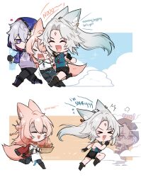 &gt;_&lt; 1girl 2boys ^^^ absurdres anal_beads anger_vein angry animal_ear_fluff animal_ears apron artist_name bandaged_arm bandages bare_shoulders black_boots black_gloves black_pants black_shorts blue_background blue_hair blue_jacket blue_shirt boots border bowl braid chibi chibi_only chinese_clothes clenched_hand cloud commentary crossed_bangs crying crystal_earrings earrings english_commentary english_text eyeshadow feixiao_(honkai:_star_rail) fingerless_gloves fleeing floating_hair flying_sweatdrops food forehead_jewel fox_boy fox_ears fox_girl fox_tail full_body gloves gradient_hair grey_hair hair_between_eyes hair_ornament hair_stick half-closed_eyes hand_on_another&#039;s_shoulder hand_up high_ponytail highres holding holding_bowl honkai:_star_rail honkai_(series) hood hooded_jacket jacket jewelry jiaoqiu_(honkai:_star_rail) long_hair long_sleeves makeup mandarin_collar mismatched_earrings motion_lines moze_(honkai:_star_rail) multicolored_hair multiple_boys multiple_views no_mouth open_clothes open_jacket orange_background outside_border pants pink_hair ponytail purple_eyes purple_shirt red_eyeshadow red_shrug running sashacall sex_toy shaded_face shirt short_hair shorts shrug_(clothing) sidelocks single_earring sleeveless sleeveless_shirt sparkle tail tangzhuang tassel tassel_earrings tassel_hair_ornament tearing_up thigh_strap v-shaped_eyebrows white_apron white_border white_shirt