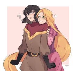 2girls artist_name belt black_eyes black_hair blonde_hair breasts bright_pupils brown_shirt cassandra_(tangled) dress gloves green_eyes hair_between_eyes hands_on_another&#039;s_arms heart hug hug_from_behind long_hair long_sleeves looking_at_another medium_breasts multiple_girls notice_lines off-shoulder_shirt off_shoulder parted_lips pink_dress rapunzel_(disney) red_shirt shirt shirt_under_shirt short_hair smile tangled rapunzel&#039;s_tangled_adventure teeth turtleneck very_long_hair white_pupils yuri