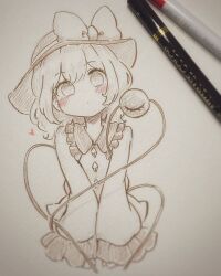 Rule 34 | 1girl, art tools in frame, blush, bow, buttons, collared shirt, diamond button, eyeball, frilled shirt collar, frilled sleeves, frills, hat, hat bow, highres, komeiji koishi, long hair, long sleeves, photo (medium), shiro tsugumi, shirt, sketch, solo, spot color, third eye, touhou, traditional media, wide sleeves