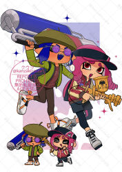 &gt;:) &gt;_&lt; 2girls :d :o aerospray_(splatoon) arm_up beret black_hat black_leggings black_shorts blue_hair blue_shirt brown_pants capri_pants chibi chibi_inset colored_tongue commentary_request commission coula_cat dot_nose down_jacket drill_hair drill_sidelocks fangs flingza_roller_(splatoon) full_body green_hat green_jacket gun hand_on_own_cheek hand_on_own_face hand_on_own_hip hat high_tops highres holding holding_behind_back holding_gun holding_weapon holding_weapon_behind_back ink_tank_(splatoon) inkling_boy inkling_player_character jacket laughing leather leather_jacket leggings long_sleeves looking_at_viewer multicolored_jacket multiple_girls nintendo octoling_girl octoling_player_character open_clothes open_jacket open_mouth pants partially_open_jacket pink_hair pointy_ears purple-tinted_eyewear red_eyes red_jacket red_shirt round_eyewear running shirt shoes short_hair shorts shoulder_strap sidelocks skeb_commission smile sneakers sparkle splatoon_(series) standing standing_on_one_leg suction_cups tentacle_hair three_quarter_view tinted_eyewear twitter_username two-tone_jacket v-shaped_eyebrows visor_cap watermark watermark_grid weapon white_jacket white_shoes white_sneakers xd