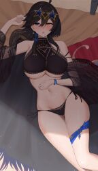 1girl absurdres ahoge azur_lane bikini black_bikini black_shawl blue_eyes blush breasts commission earrings embroidery eyewear_on_head feet_out_of_frame georgia_(azur_lane) georgia_(lanier_swan)_(azur_lane) hand_on_own_stomach heterochromia highres jewelry large_breasts leg_ribbon lying on_back parted_lips ribbon rk_(cc15915r) see-through_clothes see-through_shawl shawl short_hair_with_long_locks skeb_commission solo swimsuit thigh_ribbon wristband yellow_eyes