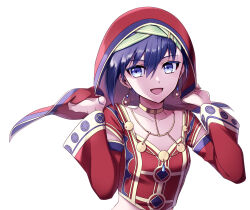 Rule 34 | 1girl, blue hair, collar, crop top, detached sleeves, earrings, eiyuu densetsu, feri al-fayed, hair between eyes, highres, jewelry, kuro no kiseki, kuro no kiseki (series), kuro no kiseki ii, mulberry804, open mouth, portrait, short hair, simple background, smile, solo, veil, white background