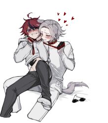 2boys ahoge animal_collar animal_ears aotsuki_eito black_gloves black_hair black_pants blush closed_eyes clothes_lift collar commentary cropped_legs dog_boy dog_ears dog_tail english_commentary gloves grey_hair heart highres holding holding_leash leash leash_pull male_focus multicolored_hair multiple_boys no_shoes pants parted_bangs red_collar red_hair saliva shirt shirt_lift short_hair simple_background sitting sitting_on_lap sitting_on_person socks stomach strangling streaked_hair sumino_takumi sunglasses sweat tail the_hundred_line_-last_defense_academy- tsu_(lovesick1964) unworn_eyewear white_background white_pants white_shirt white_socks yaoi