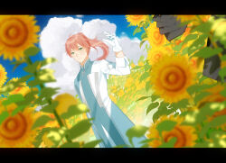 Rule 34 | 1boy, absurdres, ahoge, aqua hanfu, black border, blue sky, border, chinese clothes, closed mouth, cloud, coat, collared coat, cowboy shot, dutch angle, fate/grand order, fate (series), field, floating hair, flower, flower field, gloves, green eyes, hair between eyes, hand up, happy, highres, kirina zero, lapels, letterboxed, light blush, light particles, long hair, long sleeves, looking at viewer, male focus, mandarin collar, open clothes, open coat, orange hair, peaked lapels, ponytail, romani archaman, sky, sleeve cuffs, smile, solo, sunflower, sunflower field, white coat, white gloves, wind, yellow flower