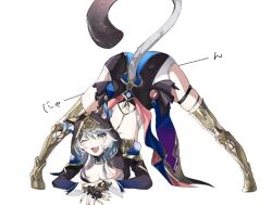 1girl ;o animal_ears animal_hood armored_boots black_gloves blue_eyes boots breasts cat_ears cat_girl cat_hood cat_tail cipher_(honkai:_star_rail) cleavage commentary_request fingerless_gloves gloves gold_boots grey_hair honkai:_star_rail honkai_(series) hood jack-o&#039;_challenge large_breasts looking_at_viewer moji_geo_40 mole mole_on_breast one_eye_closed open_mouth simple_background solo tail top-down_bottom-up white_background yellow_nails